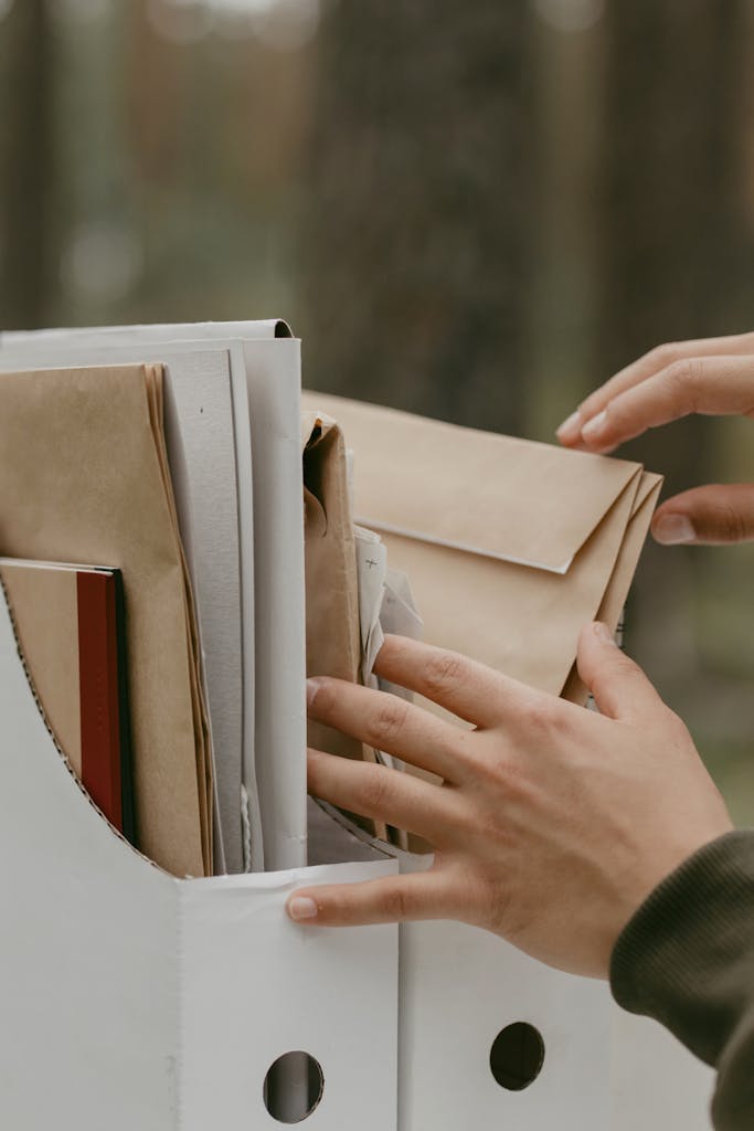 Close-up of hands sorting and organizing documents in a file box outdoors.